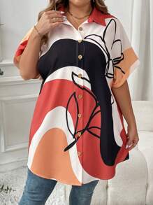 SHEIN VCAY 大码度假花卉条纹荷叶边下摆长袖衬衫 - 棕色 - 查看 1