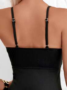SHEIN Swim 女士细肩带低背褶饰系腰合身迷人优雅泳衣夏季 - 黑色 - 查看 5