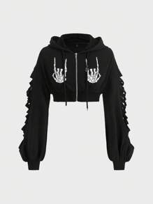 ROMWE PUNK Skeleton Print Drop Shoulder Drawstring Hoodie, School,Long Sleeve Tops - Black - View 1