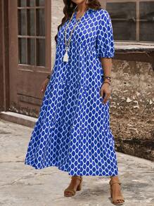 EMERY ROSE Plus Size V-Neck Short Sleeve Allover Print Ruffle Hem Elegant Midi Dress, For Summer,Beach Dress Sundress,Holiday Outfits Boho - Blue - View 3