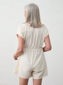 SHEIN LUNE Bộ đồ liền thân rút dây màu trơn thường ngày cho nữ - Màu be - Xem 2