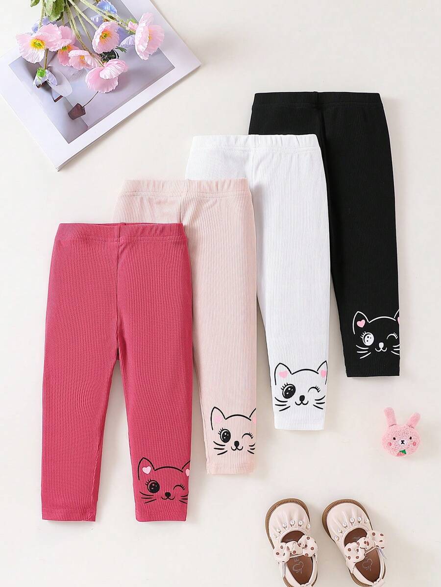 4pcs Baby Girls' Cute Ribbed Cat Printed Pants Set, Spring And Autumn