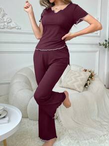 侧褶缺口 V 领短袖上衣和裤子连体裤套装 - 酒紅色 - 查看 4