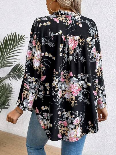 EMERY ROSE Plus Size Women's Floral Print Ruffle Sleeve Shirt
