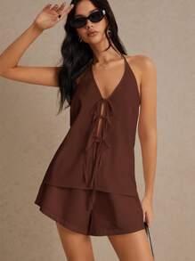 Poéselle 女式夏季纯色挂脖系带背心和女士短裤休闲两件套亚麻系带背心短裤两件套，面料透气舒适，简约时尚老款风格，适合日常度假通勤居家穿着