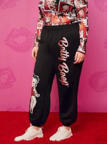Betty Boop x SHEIN Pantaloni jogging sportivi da donna con grafica di lettere e numeri vintage, stile street sexy Y2K, taglie forti