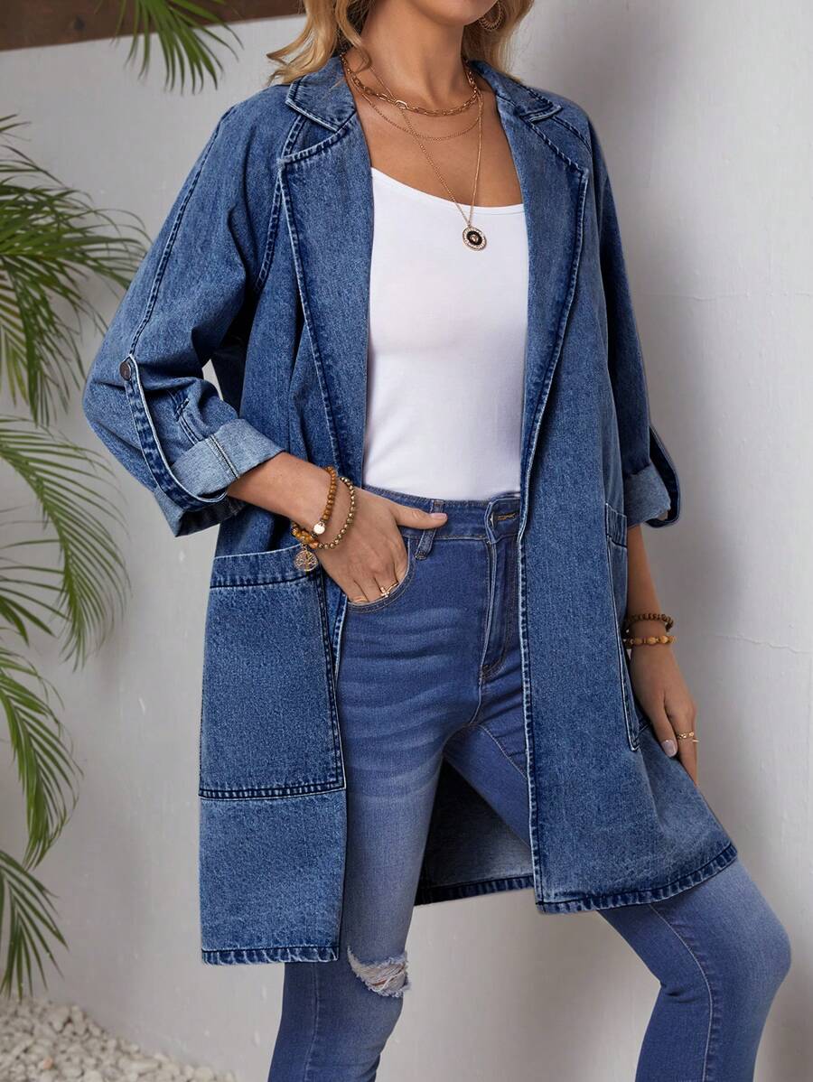 SHEIN LUNE Áo khoác denim có cổ dài vừa phải, trang phục thường ngày - Rửa tối - Xem 1
