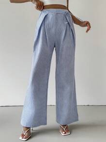Firerie Women's Fashion High Waist Pleated Detail Drawstring Wide Leg Pants - Blue and White - View 1