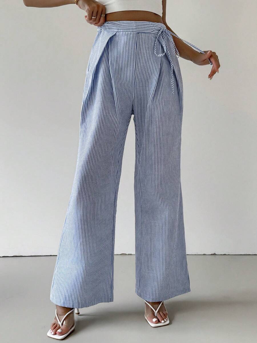 Firerie Women's Fashion High Waist Pleated Detail Drawstring Wide Leg Pants - Blue and White - View 1