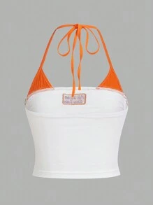 SHEIN ICON Conjunto de ropa casual de verano estilo Y2K con top corto de bloques de color con bordado de letras en contraste de estilo biker, escote halter, ajuste ceñido