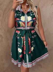 SHEIN Clasi Plus Size Vacation Casual Floral Printed Sleeveless Front Buttoned Dress - Green - View 5