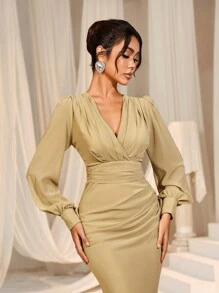 Faeriesty Elegant Cross-Over V-Neck Lantern Sleeve Mermaid Hem Dress - Sophisticated Timeless Design For Spring/Summer Weddings, Galas, Red Carpet