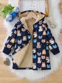 Young Girl Cartoon Cat Print Hooded Button-Up Fleece Jacket , Long Warm Outerwear For Children In Autumn And Winter - Navy Blue - View 1