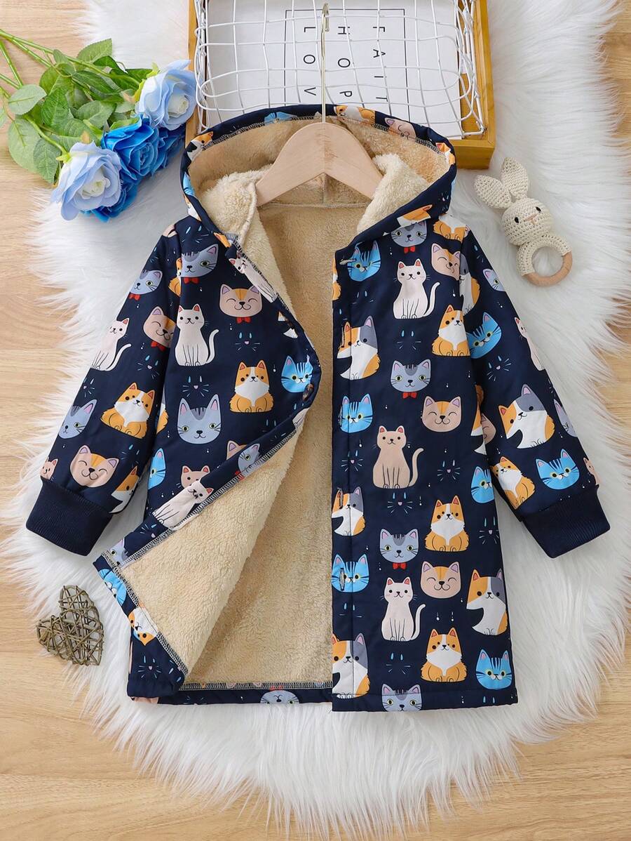 Young Girl Cartoon Cat Print Hooded Button-Up Fleece Jacket , Long Warm Outerwear For Children In Autumn And Winter - Navy Blue - View 1