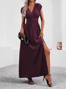 LanaWest Women's V-Neck Ruched Waist Split Elegant Fashion Dress Maxi Women Outfit