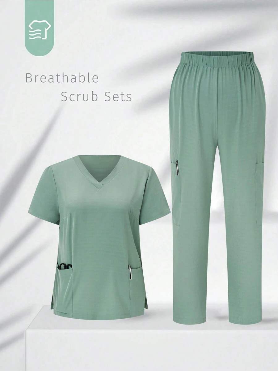 TaskEZ 加大码纯色双口袋磨砂上衣和裤子制服 2 件套 - 薄荷綠 - 查看 1