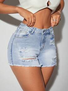 SHEIN Tall Casual Ripped Frayed Hem Skinny Denim Shorts, Summer