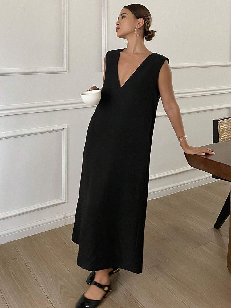 Women Loose Solid V-Neck Sleeveless Black Long Dress Sundress,Fall Clothes