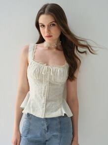 Enchnt 女士浪漫花卉刺绣夏季系带假荷叶边厚肩性感背心