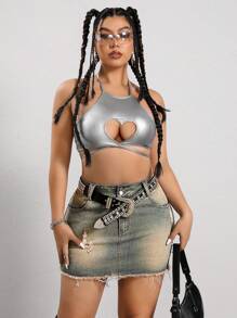 SHEIN ICON Plus Size Thắt lưng có cúc đau khổ Váy mini denim có viền sờn - Rửa nhẹ - Xem 6