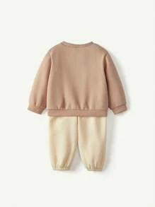 Cozy Pixies 2pcs Baby Boy's Casual Letter Print Round Neck Drop Shoulder Sweatshirt And Cuffed Pants Set - Camel - View 2