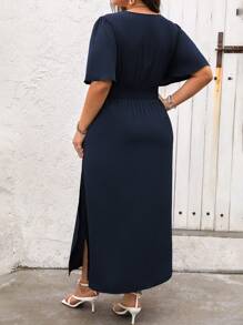 SHEIN Unity 大码女式 V 领短袖纯色简约休闲连衣裙长款女装 - 藏蓝色 - 查看 2