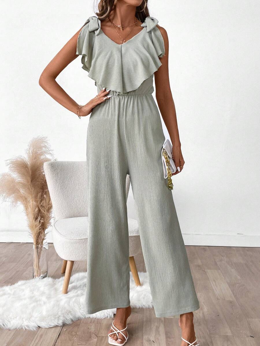 SHEIN Clasi Elegant, Commuting, Casual, Waisted, Ruffled Collar, Shoulder Tie Detail, Women Jumpsuit - Army Green - View 1