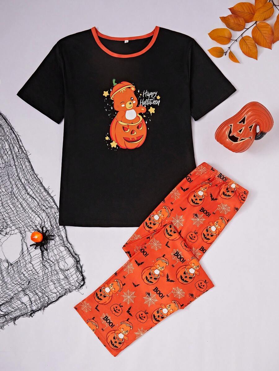 SHEIN Men Halloween Cartoon Bear Pumpkin Star Print Pajama Set, Family Matching Clothes - Multicolor - View 1
