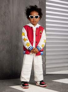 SHEIN 2pcs Young Boys' Fashion Sporty Casual Colorblock Print Baseball Jacket With Vintage Washed Jeans Set, For Sports, Daily Wear, Outdoor, School