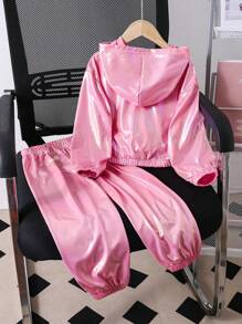 SHEIN 2-częściowy dziewczęcy, minimalistyczny, błyszczący, skrócony zestaw bluzy z kapturem i spodniami ze ściągaczem, odpowiedni do codziennego noszenia na co dzień, na wiosnę i jesień, na wszystkie pory roku