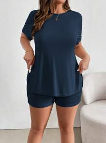 Shapeblank Bộ 2 chiếc Plus Size Nữ Cổ Tròn Tay Ngắn Và Slim Fit Thời Trang Quần Short - Màu xanh hải quân - Xem 1