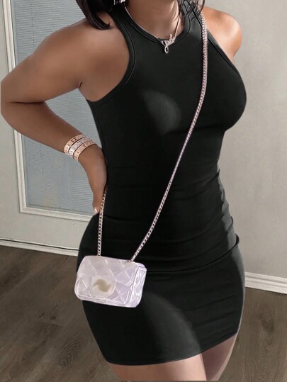 Slaydiva Minimalist Casual Basic Sleeveless Round Neck Black Bodycon Mini Knit Dress, Suitable For Summer, Daily Wear