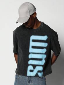 SUMWON Áo thun crop fit giặt có in hình Discharge Graphic - màu đen - Xem 1