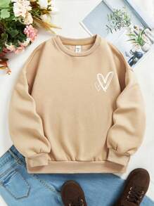 SHEIN Leap Crew Tween Girl Heart Graphic Drop Shoulder Sweatshirt,In Fall/Winter - Khaki - View 1