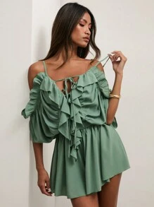 COSMINA Bộ áo liền quần nữ màu trơn, hở vai, viền bèo nhún, kiểu dáng thường ngày. - màu xanh lá - Xem 1