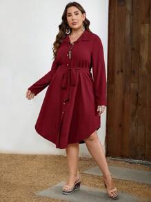 EMERY ROSE Đầm dài tay cài nút màu trơn thường ngày cỡ lớn cho nữ - Màu Đỏ Sâu - Xem 5