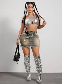 SHEIN ICON Plus Size Thắt lưng có cúc đau khổ Váy mini denim có viền sờn - Rửa nhẹ - Xem 5