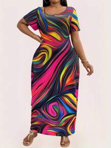 Maweii 大码方领短袖彩色连衣裙，休闲/度假