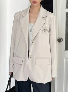 DAZY Women Lapel Front Button Pocket Long Sleeve Simple Blazer Business Attire - Khaki - View 4