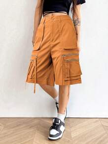 Flirla Pantalones cortos de carga holgados de varios bolsillos con cremallera de unicolor para mujer