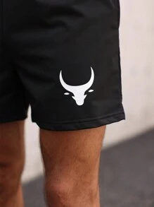 Manfinity Fitness Boyfriend Style Men's Striped Bull Print Drawstring Waist Loose Casual Shorts