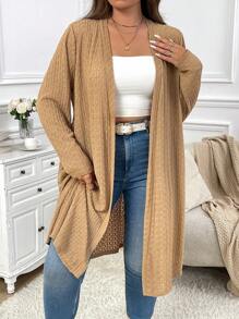 SHEIN Privé Plus Size Đi làm thanh lịch Áo len cardigan dài đến đầu gối có họa tiết thông thường, mùa thu - Màu Khaki - Xem 4