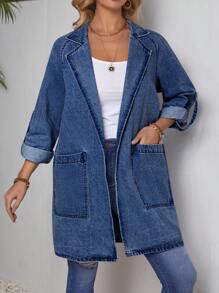 SHEIN LUNE Áo khoác denim có cổ dài vừa phải, trang phục thường ngày - Rửa tối - Xem 3