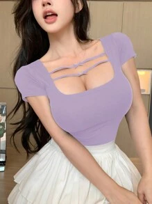 DAZY 女士系带蝴蝶结方领修身短袖T恤夏季女款短款上衣 - 紫色 - 查看 4