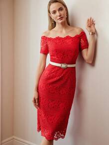 MOTF Women's Off-Shoulder Fitted Short Sleeve Summer Dress - Red - View 4