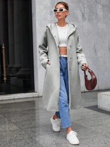 EURMUSE Drop Shoulder Hooded Overcoat - Grey - View 3