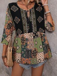 EMERY ROSE 前系带中袖全身印花休闲上衣 荷叶边上衣 - 綠色 - 查看 5