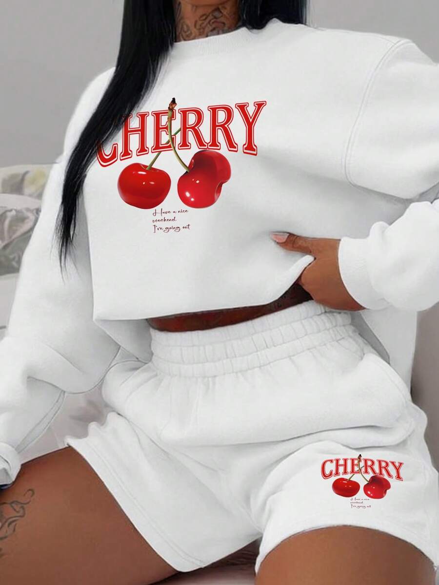 Slaydiva 2pcs Women's Casual Cherry Print Crew Neck Loose Fit Sweatsuit For Spring & Fall - White - View 1