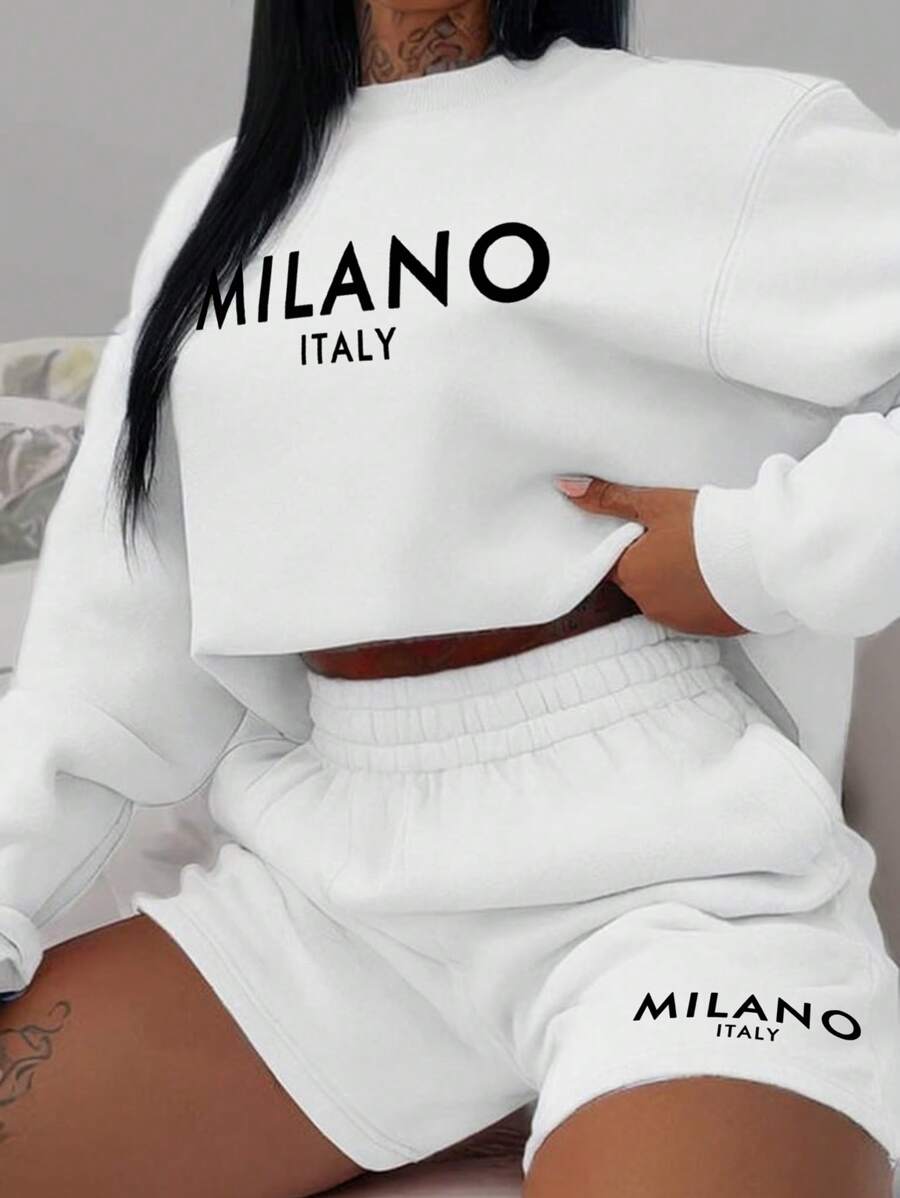 Slaydiva 2pcs Women's Casual Minimalist Pattern Crew Neck Loose Fit Sweatshirt Set, Spring Autumn And Winter - White - View 1