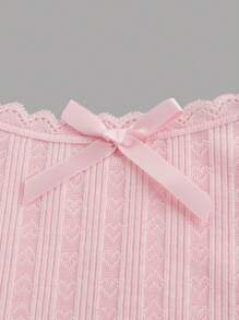 SHEIN MOD 带蕾丝拼布蝴蝶结的可爱背心，单身女郎装，粉色背心，秋季装，蝴蝶结上衣，适合学校的可爱上衣，返校上衣，蝴蝶结衬衫 - 粉色 - 查看 3